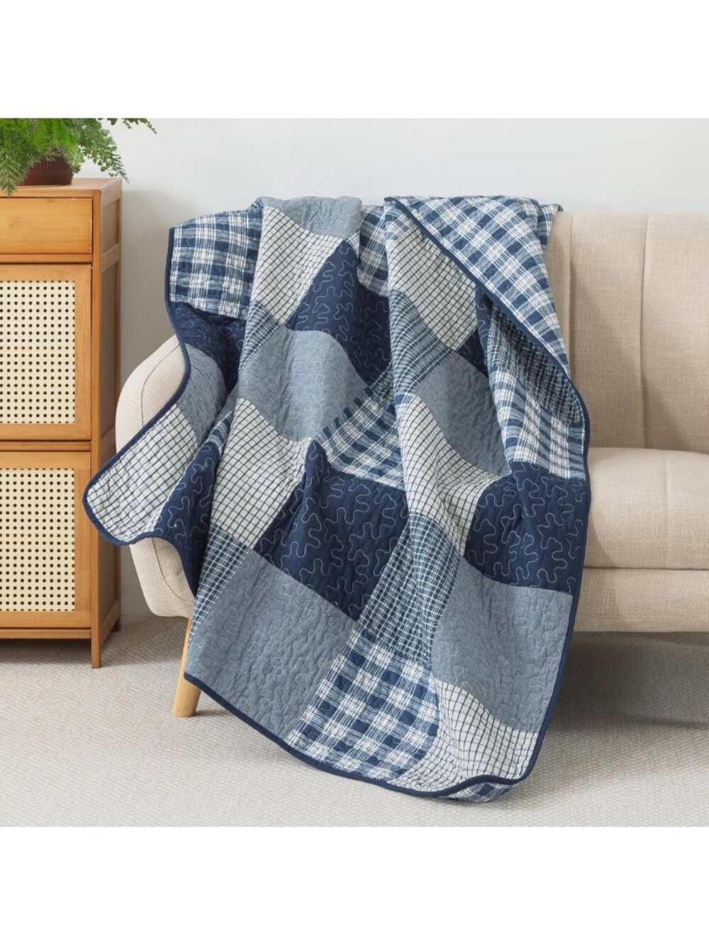 Cozy Cotton Quilted Throw Blanket, 50" x 60", Navy Midnight Plaid - Perfect for